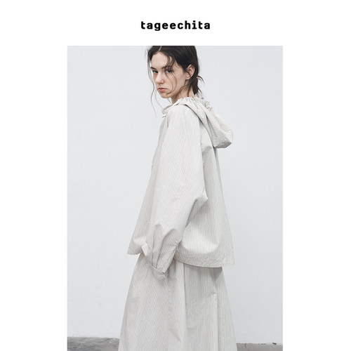TAGEECHITA 静界 休闲宽松连帽抽绳衬衫条纹长袖外套上衣女