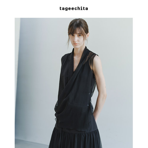 TAGEECHITA 解构设计感半透薄纱交叉荡领收腰无袖小衫叠穿上衣