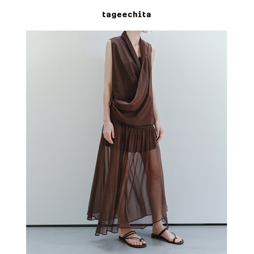 TAGEECHITA 不规则垂褶半透层次感拼接设计飘逸伞型半身纱裙
