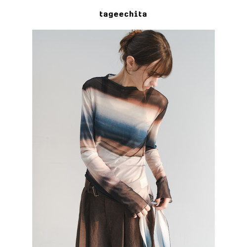 TAGEECHITA 自然光影艺术感印花系结飘带修身弹力长袖T恤打底纱衣