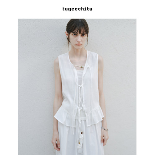 TAGEECHITA 松弛度假 亚麻莱赛尔混纺绑带开襟荷叶边无袖小衫马甲