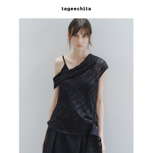 TAGEECHITA 松弛感褶皱肌理微透格纹斜肩系结小衫露肩薄款上衣