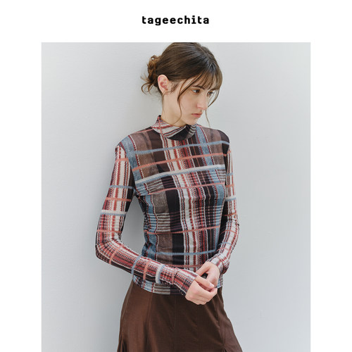 TAGEECHITA 复古艺术格纹原创印花半高领微透弹力纱衣长袖T恤上衣