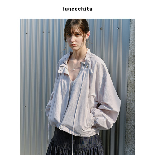 TAGEECHITA 微皱肌理宽松可调节下摆抽褶领花苞短款夹克外套女