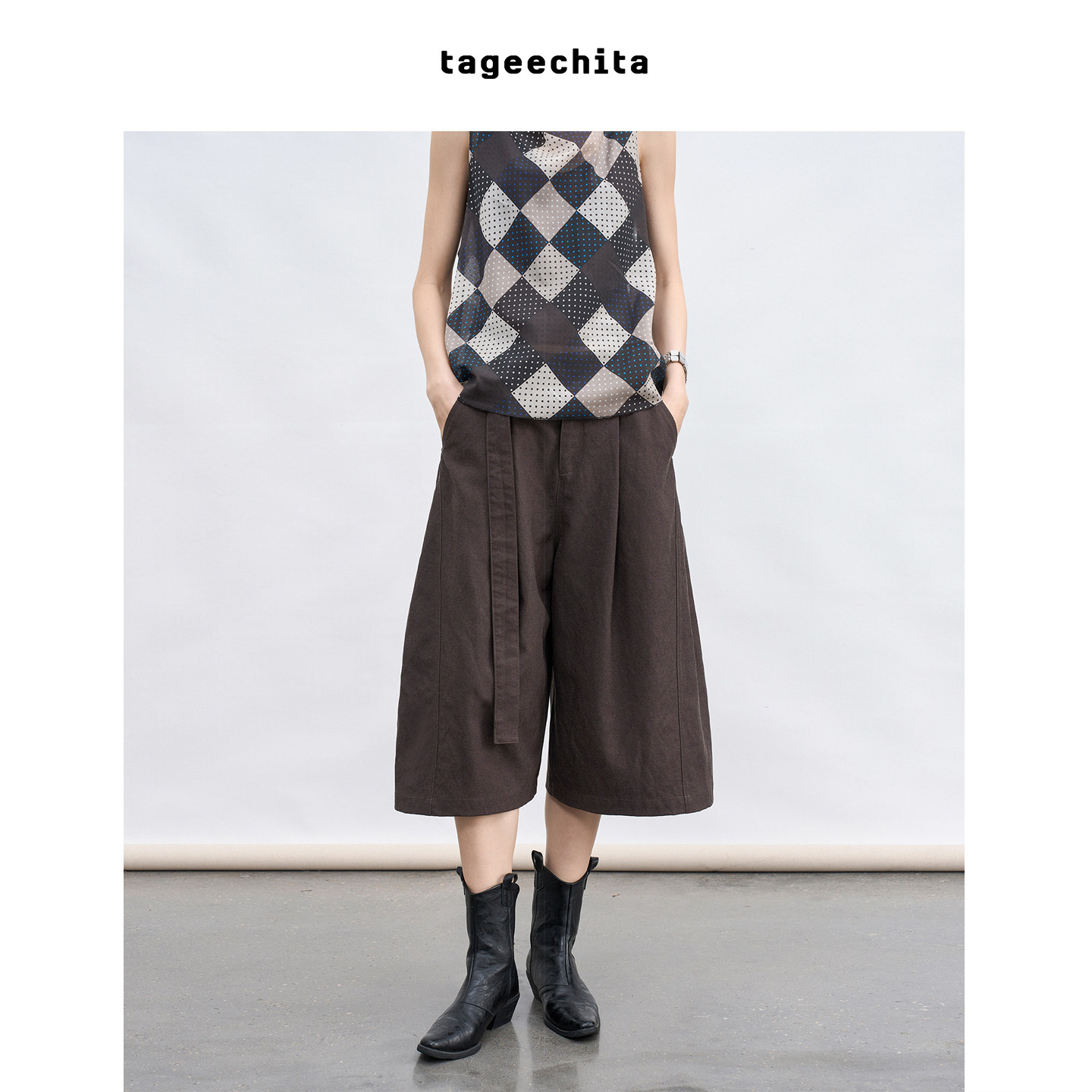 TAGEECHITA 简约松弛感宽松直筒显瘦腰带阔腿弯刀休闲中裤