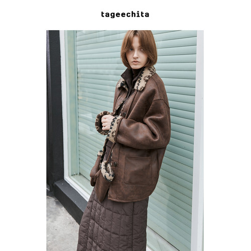 TAGEECHITA 费尔岛仿皮毛一体外套秋冬保暖夹克休闲上衣 附手套