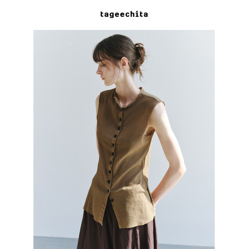 TAGEECHITA 极简松弛暗条纹小立领多扣开襟小衫无袖马甲上衣女