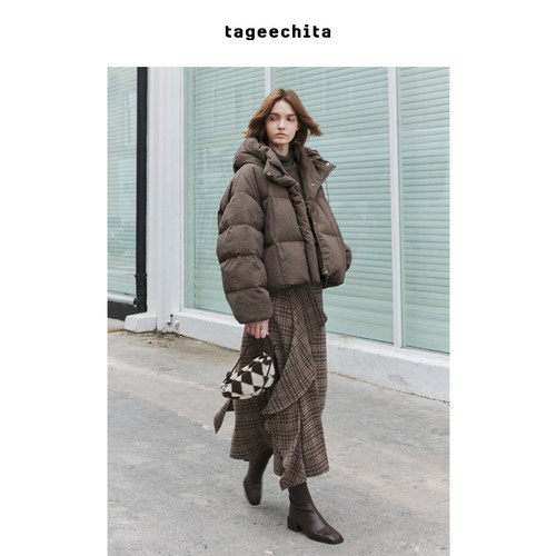 TAGEECHITA 肌理感泡泡皱连帽面包羽绒服90鸭绒廓形短款外套