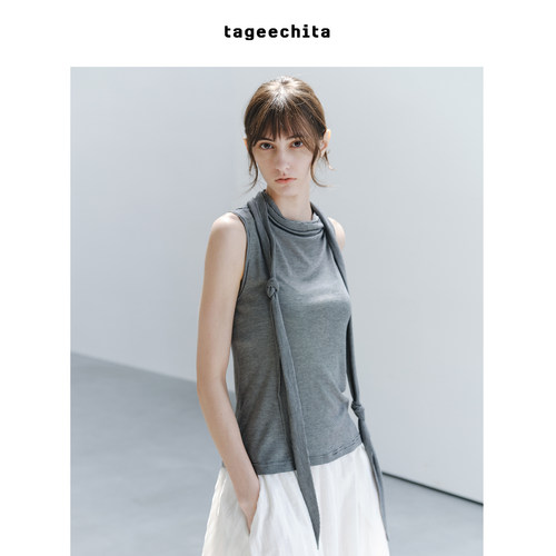 TAGEECHITA 莱赛尔羊毛面料 亲肤透气飘带细条纹针织小衫无袖背心
