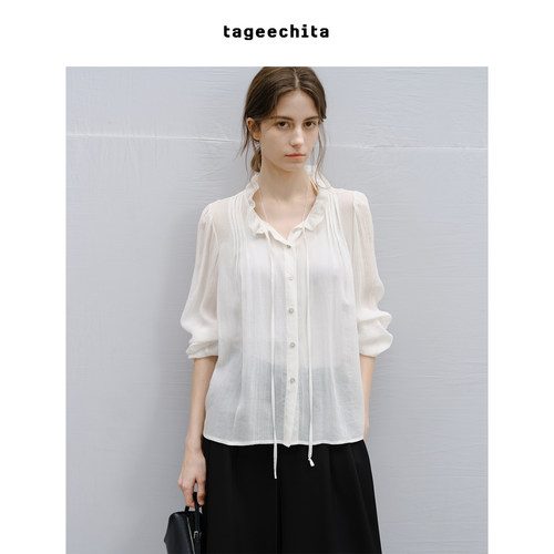 TAGEECHITA 天丝轻柔垂感浪漫文艺花边领微透长袖衬衫上衣
