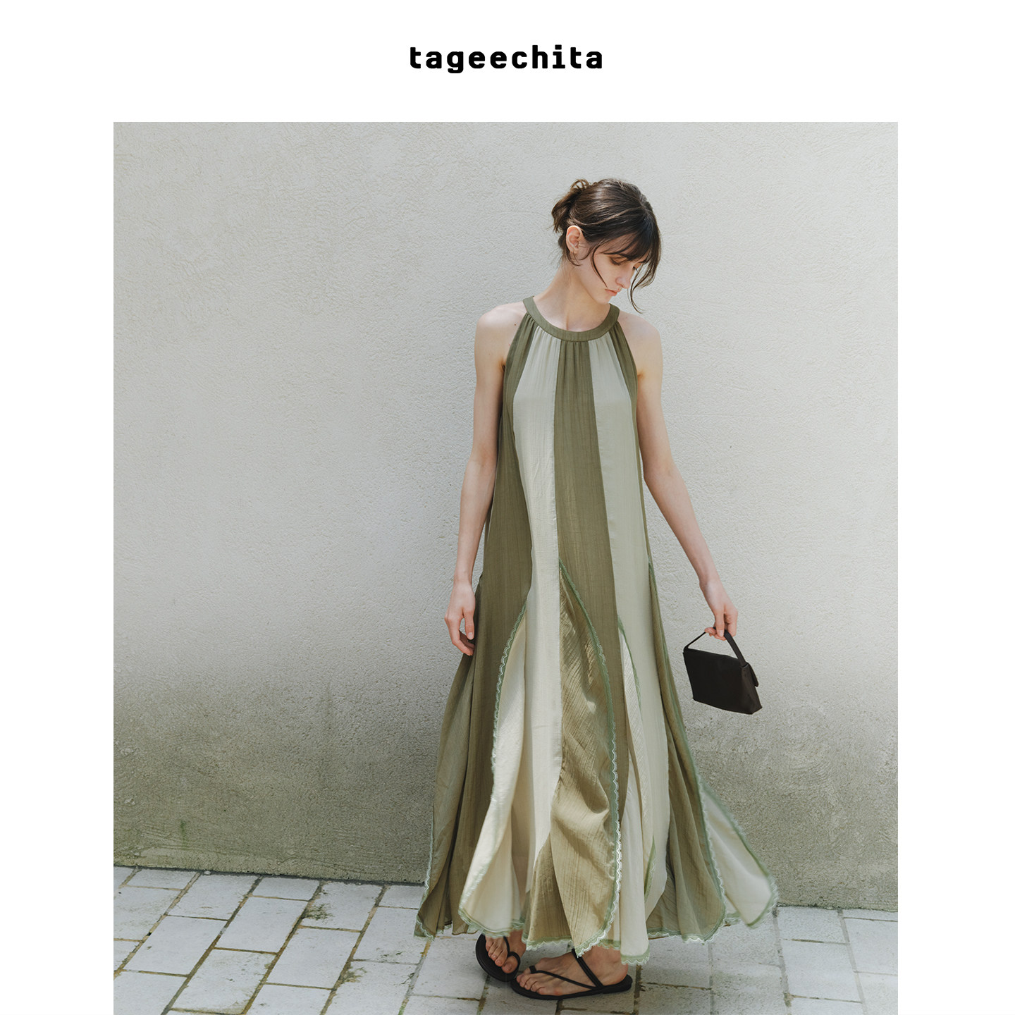TAGEECHITA 莱赛尔面料 撞色拼接层次感立体花边长裙吊带连衣裙夏