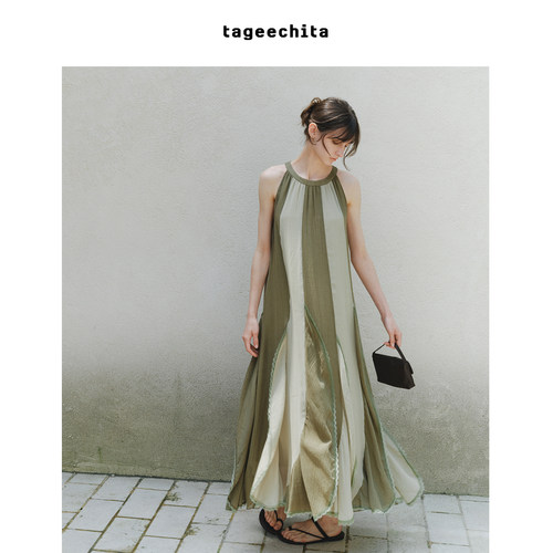 TAGEECHITA 莱赛尔面料 撞色拼接层次感立体花边长裙吊带连衣裙夏