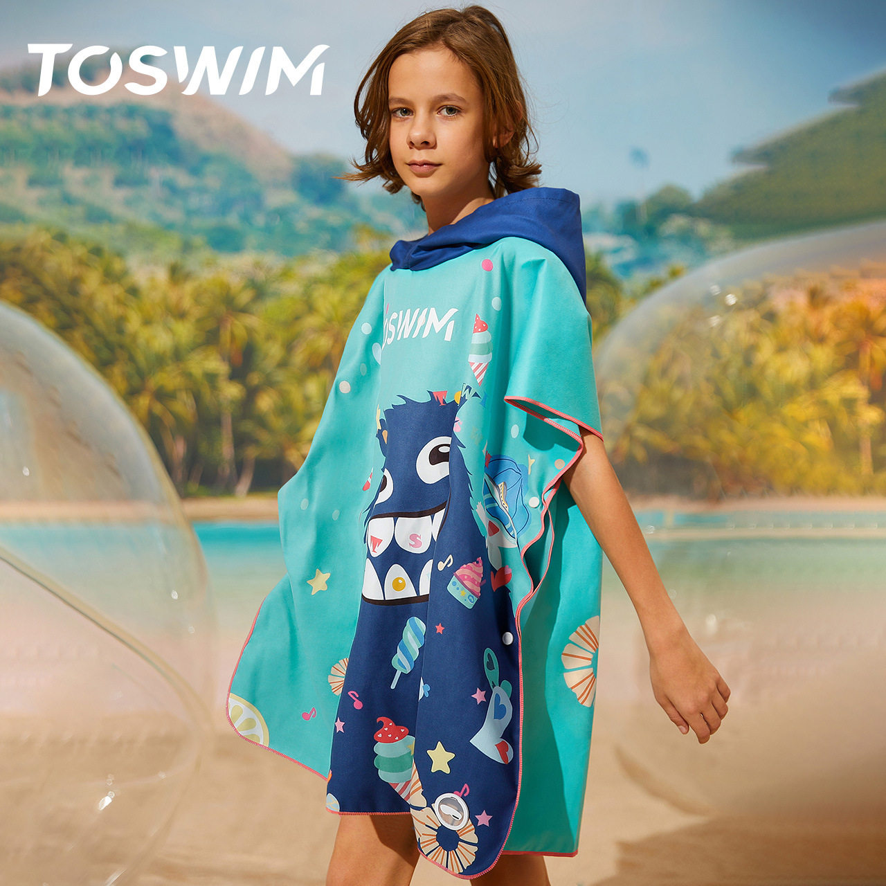 TOSWIM拓胜游泳毛巾 沙滩运动旅游保暖吸水巾 儿童花色斗篷浴巾
