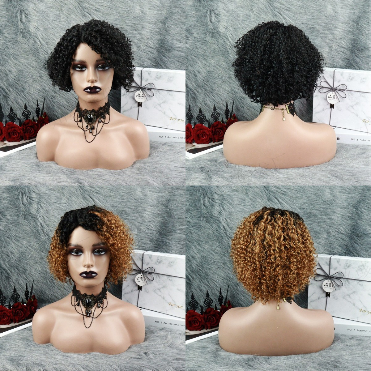 新款黑色真人假发头套机制非洲小卷短发curly human h wigs渐变色