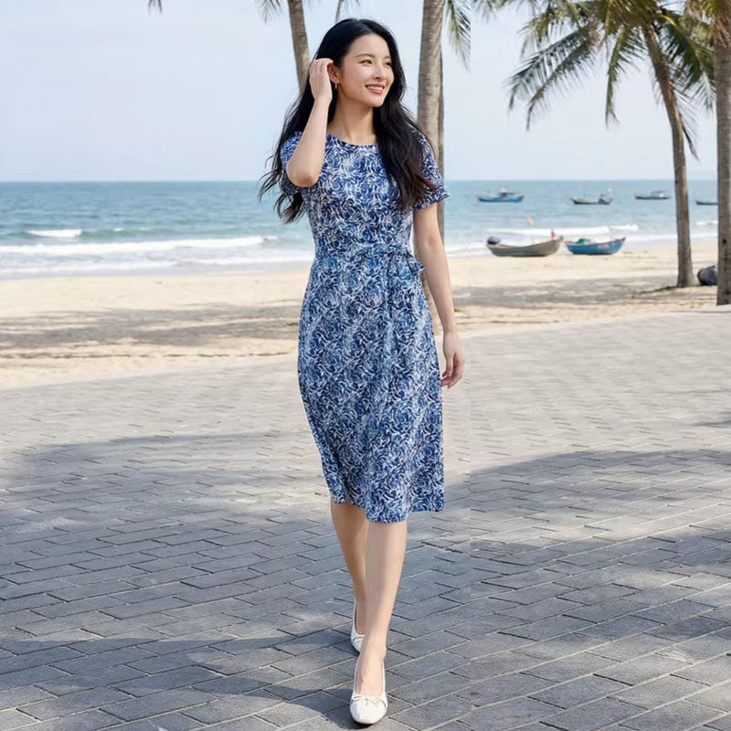 雅Y连衣裙温柔风纯棉印花系带收腰中长款裙子2026春夏季新款4603A