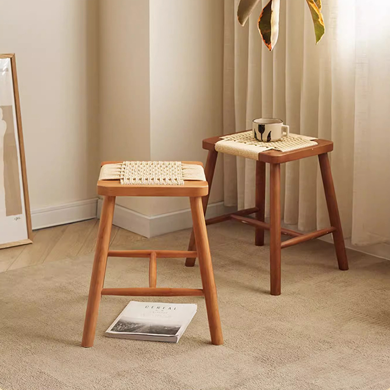 北欧风樱桃木绳编小凳子简约家用日式梳妆椅藤编换鞋凳编织化妆凳