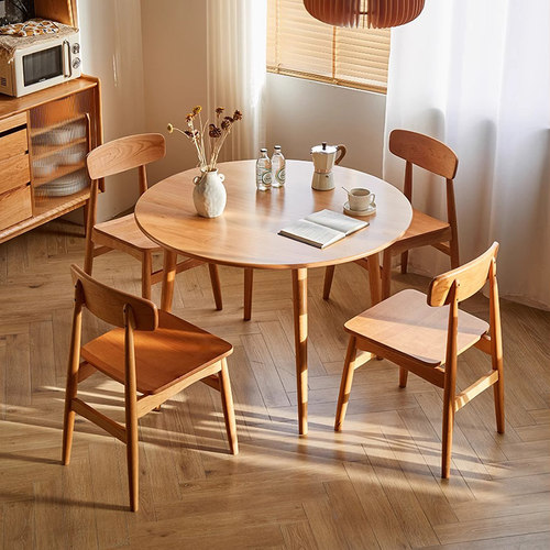 像素家具日式实木圆桌北欧樱桃木饭桌原木餐桌小户型圆形餐桌家用