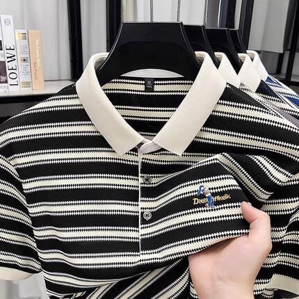 外贸清仓~夏季男士刺绣条纹POLO衫短袖T恤翻领商务修身中青年上衣