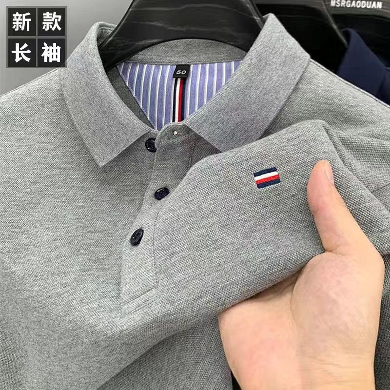 剪标高端~秋季长袖T恤POLO衫男士刺绣翻领打底内搭中青年商务上衣