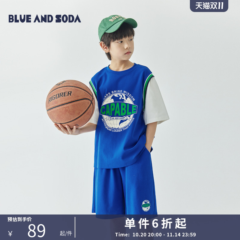 蓝汽水25夏季款男童拼色假两件运动套装儿童凉感短袖五分裤两件套