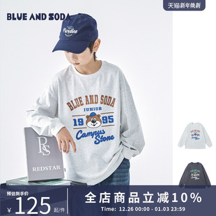 中大男童小熊印花长袖 亲子装 T恤潮酷休闲上衣 新款 蓝汽水25年秋季