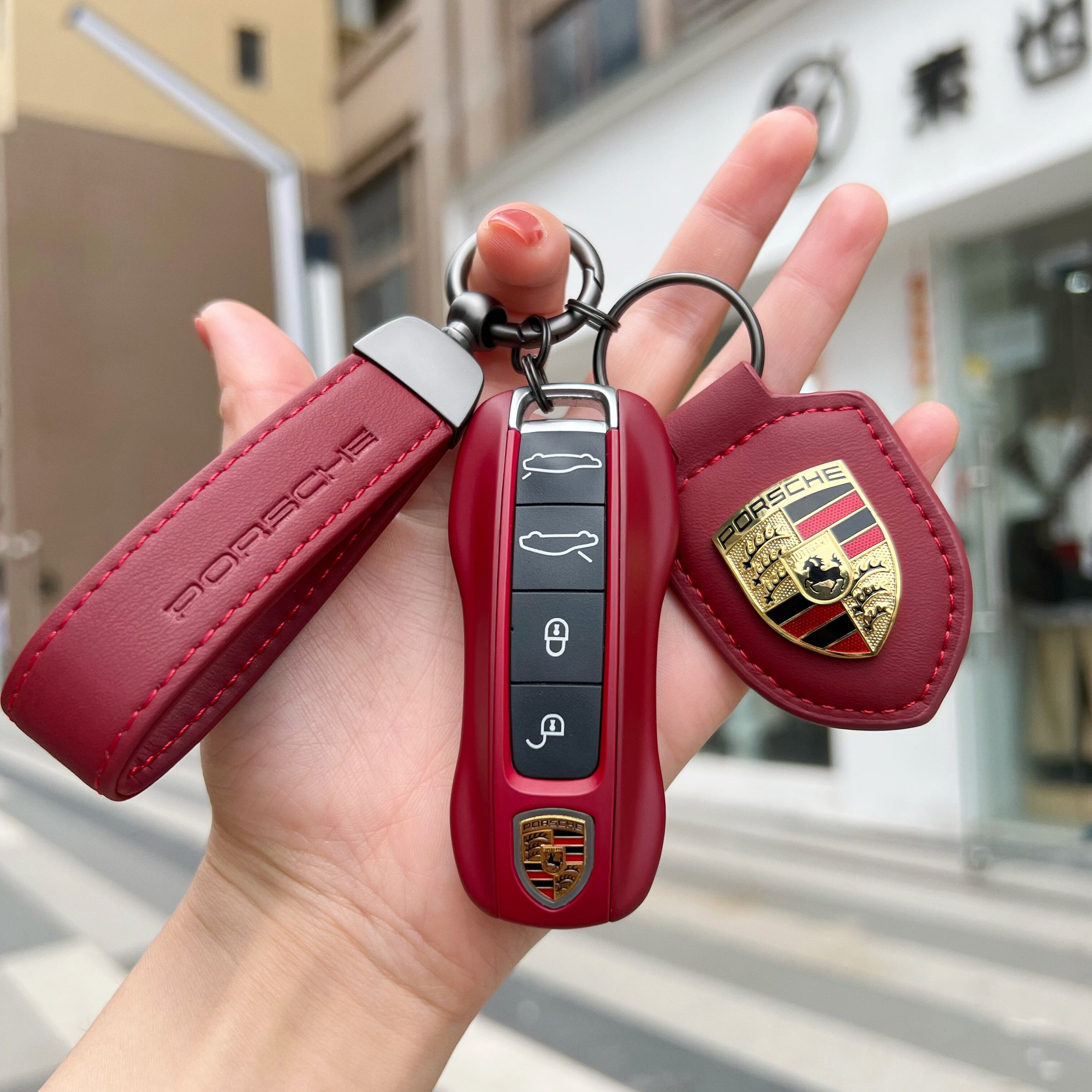 波尔多红真皮保时捷钥匙壳卡宴718macan帕拉梅拉911taycan车匙盖