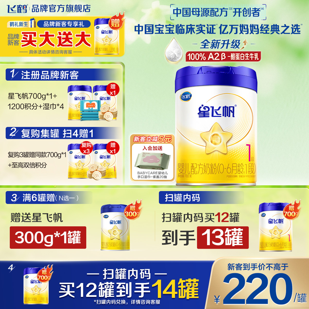注册买1送1】飞鹤星飞帆1段婴儿配方牛奶粉一段700g旗舰店正品