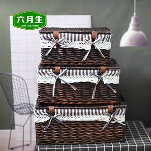 六月生藤编长方形桌面收纳盒零食筐田园风杂物收纳筐柳编大号有盖