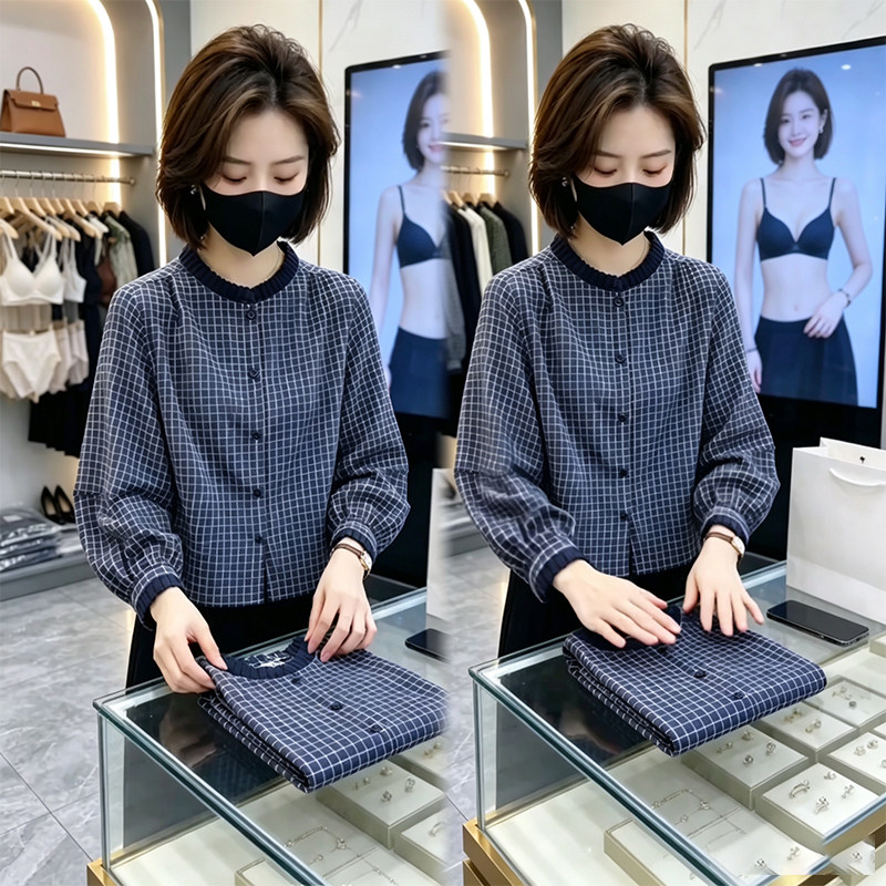 灯笼格子长袖衬衫2026秋季新款宽松设计减龄显瘦女装百搭上衣遮肉