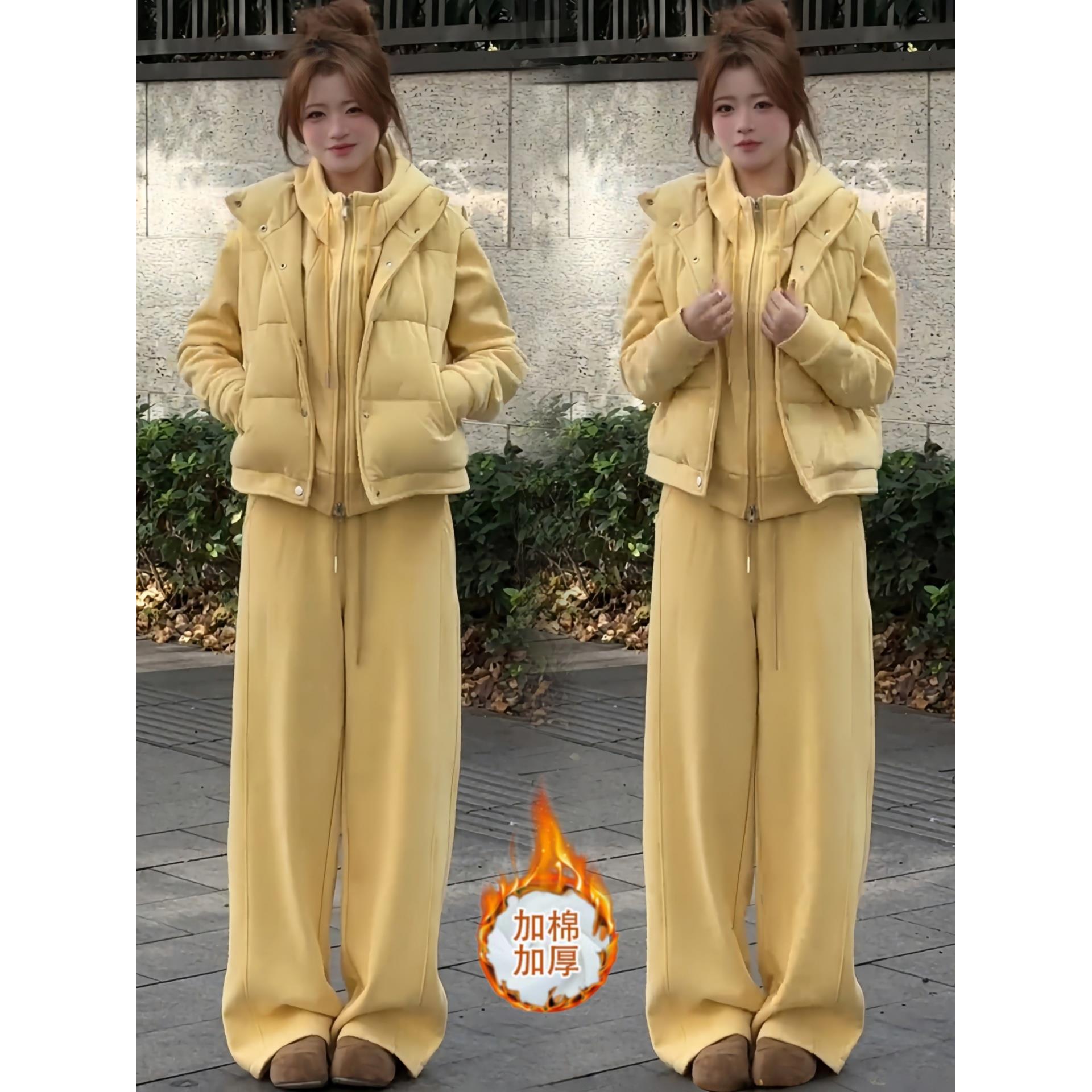 新款女三件套加绒马甲套装夹棉衣卫裤帽卫时尚休闲连韩系加厚冬季
