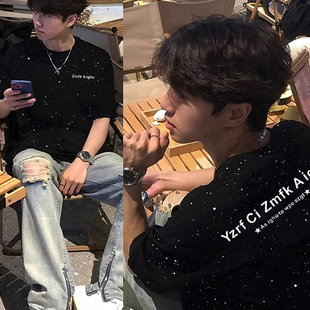 体恤衫 国潮街头亮片满天星情侣短袖 半袖 休闲穿搭宽松男士 t恤夏季