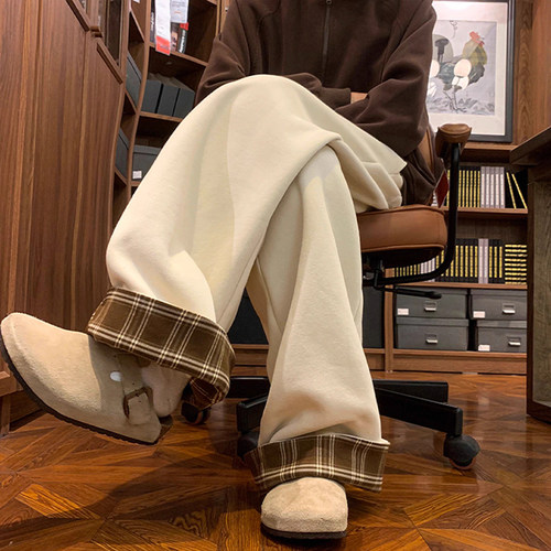 杏色格子拼接薄款卫裤男休闲裤