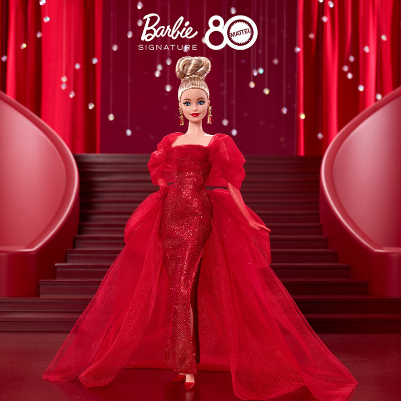 Barbie芭比娃娃美泰80周年纪念款典雅金发假日珍藏系列六一礼物