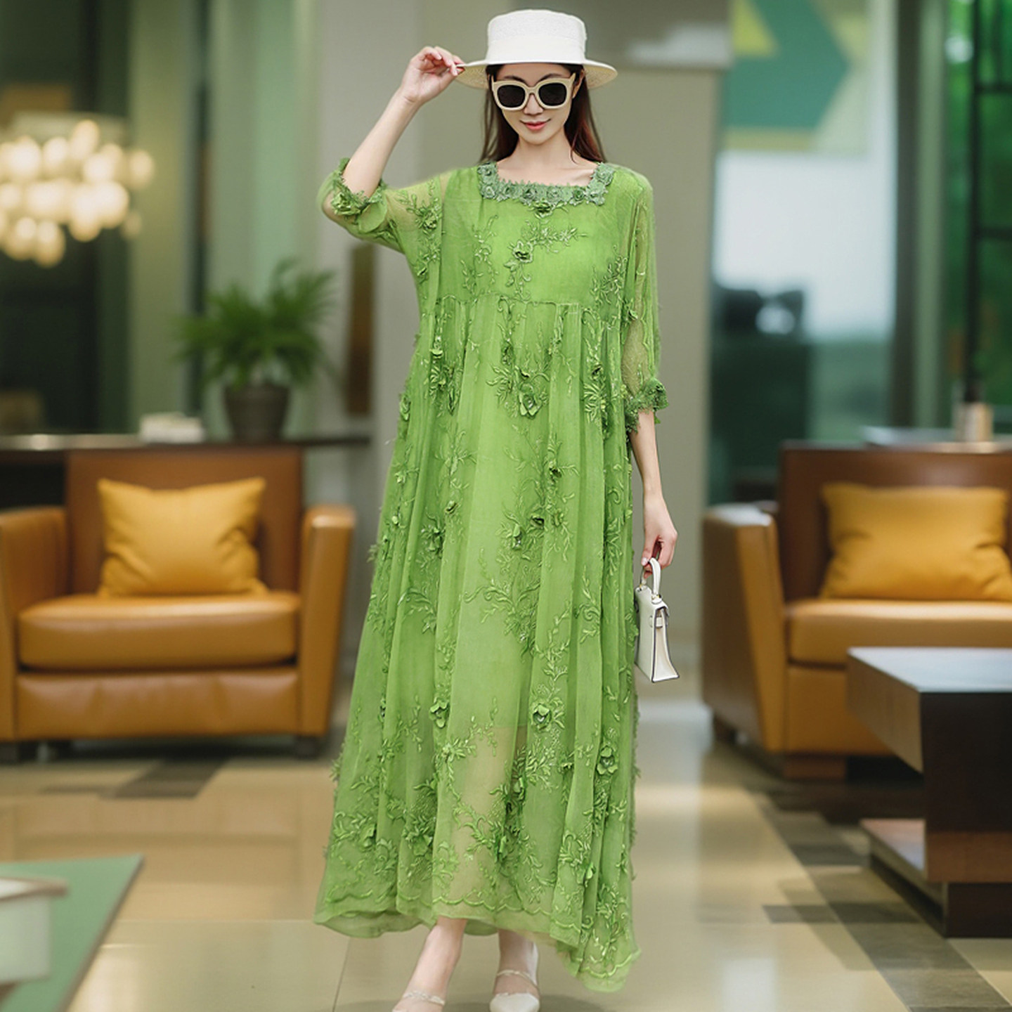 虫音桑蚕丝连衣裙大码女装胖mm遮肚宽松显瘦高端轻奢刺绣气质长裙