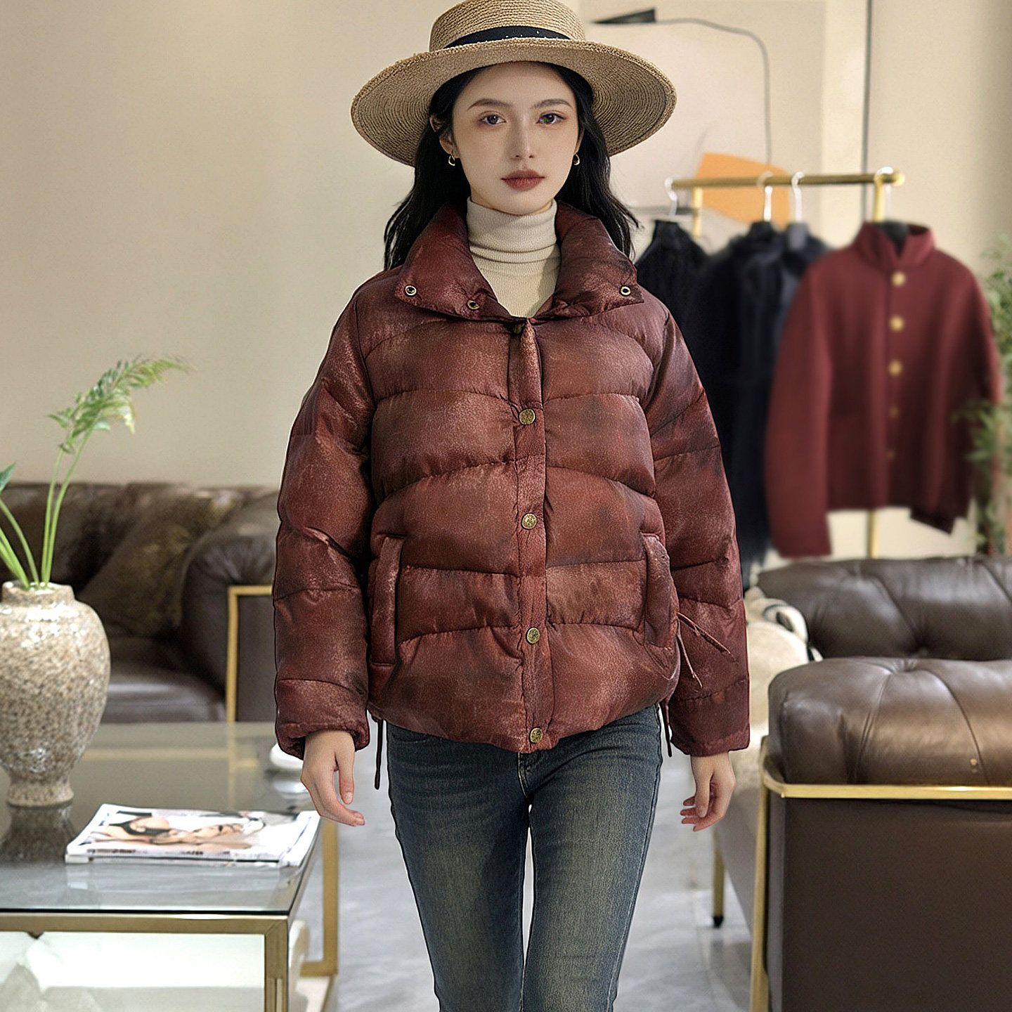 虫音白鸭绒羽绒服女小个子复古做旧立领轻盈保暖百搭时尚短款外套