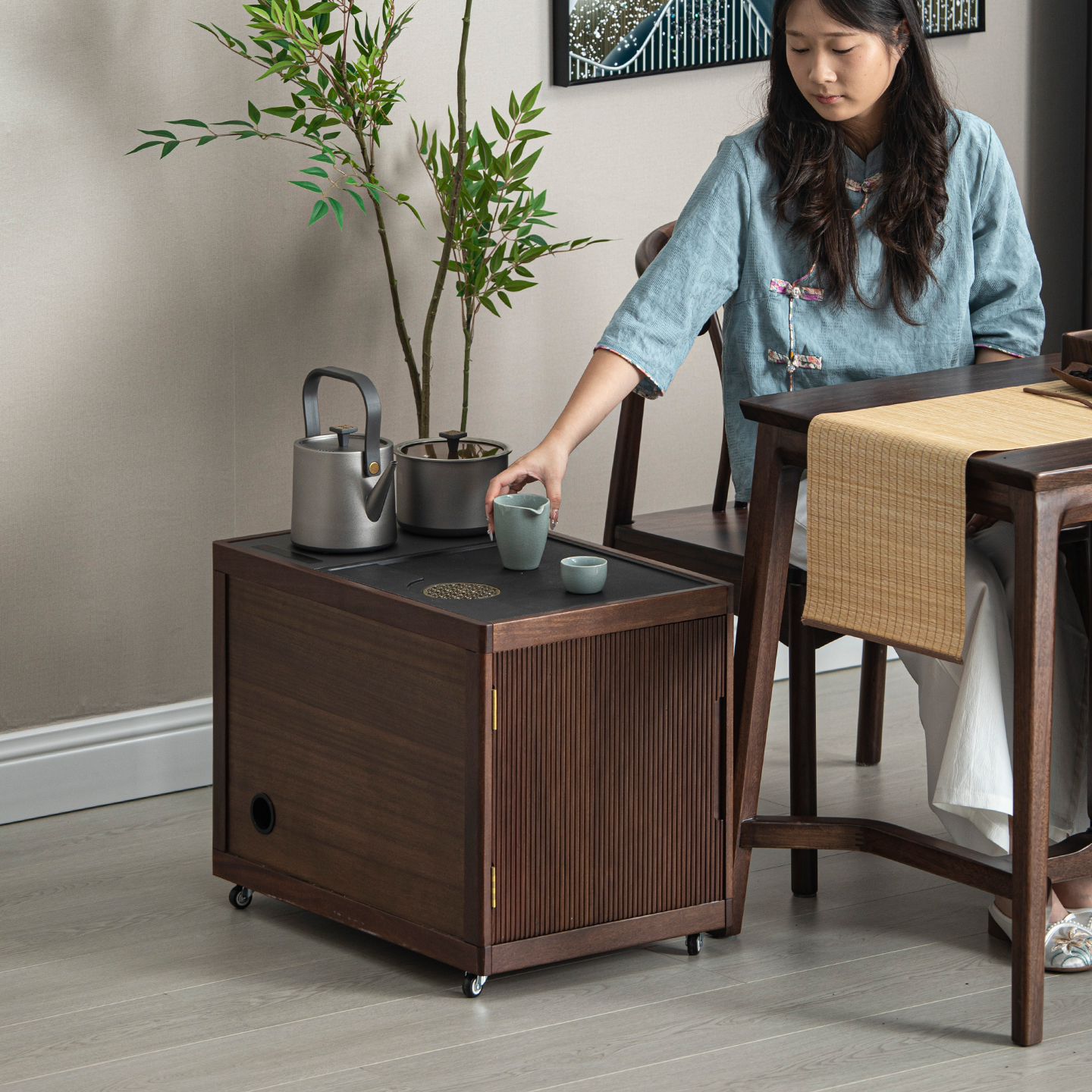 黑胡桃移动沙发边柜实木烧水茶台