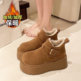 松糕厚底增高勃肯鞋女2025冬季加绒乐福鞋毛毛高帮棉鞋34码雪地靴