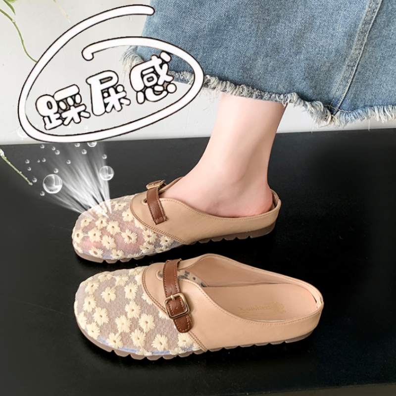 踩屎感蕾丝包头半拖鞋透气帆布鞋