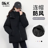 班尼路S&K系列黑色立领连帽棉服女2025冬款 加绒保暖百搭棉袄外套Q