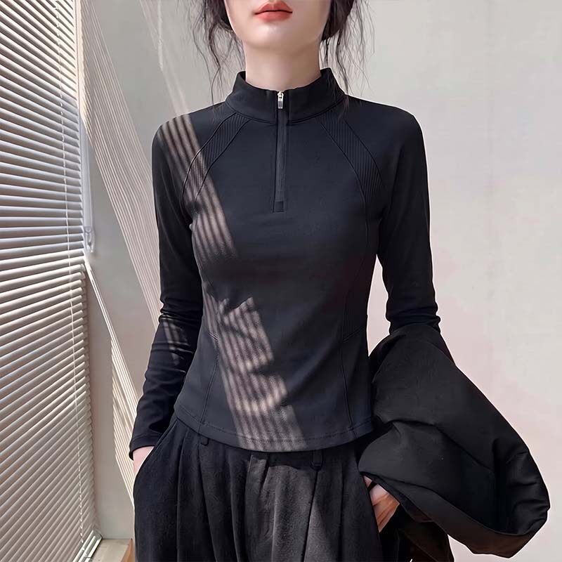 班尼路拼接半拉链长袖打底衫女款2026秋季新款修身显瘦运动上衣Q
