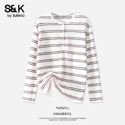 班尼路S&K系列粉白条纹亨利领长袖女2026春夏款轻薄透气宽松罩衫Q