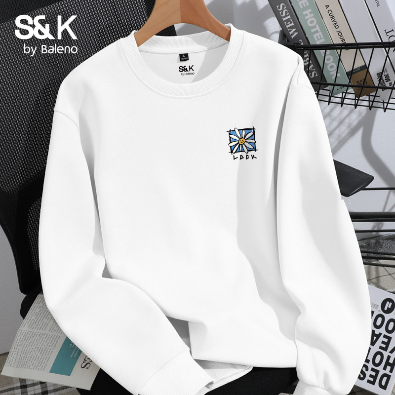 班尼路S&K白色卫衣男春季美式潮牌圆领套头衫男生长袖上衣学院风Y