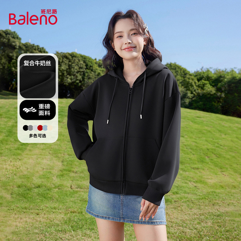 班尼路黑色牛奶丝开衫女2025秋季新款插肩袖短款上衣休闲外套女Q