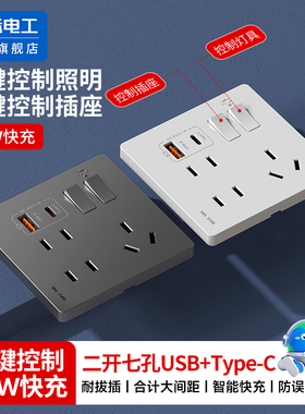 86型墙壁两开七孔开关插座二三插Type-C20W快充床头USB充电插座