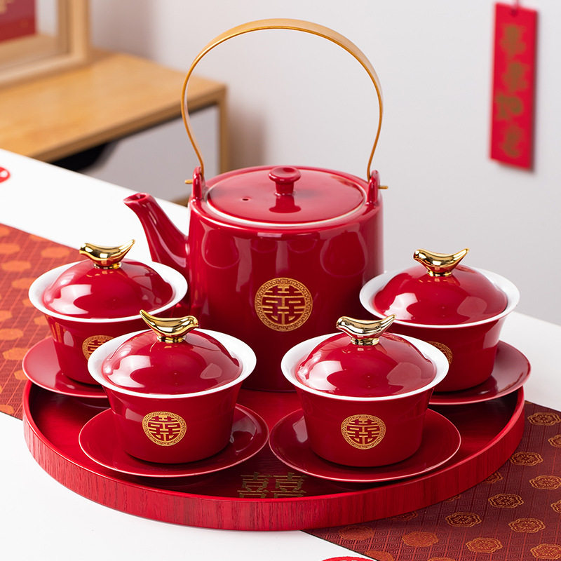 T结婚改口敬茶杯盖碗红色喜对碗托盘茶壶杯碗筷套装陪嫁子孙碗送