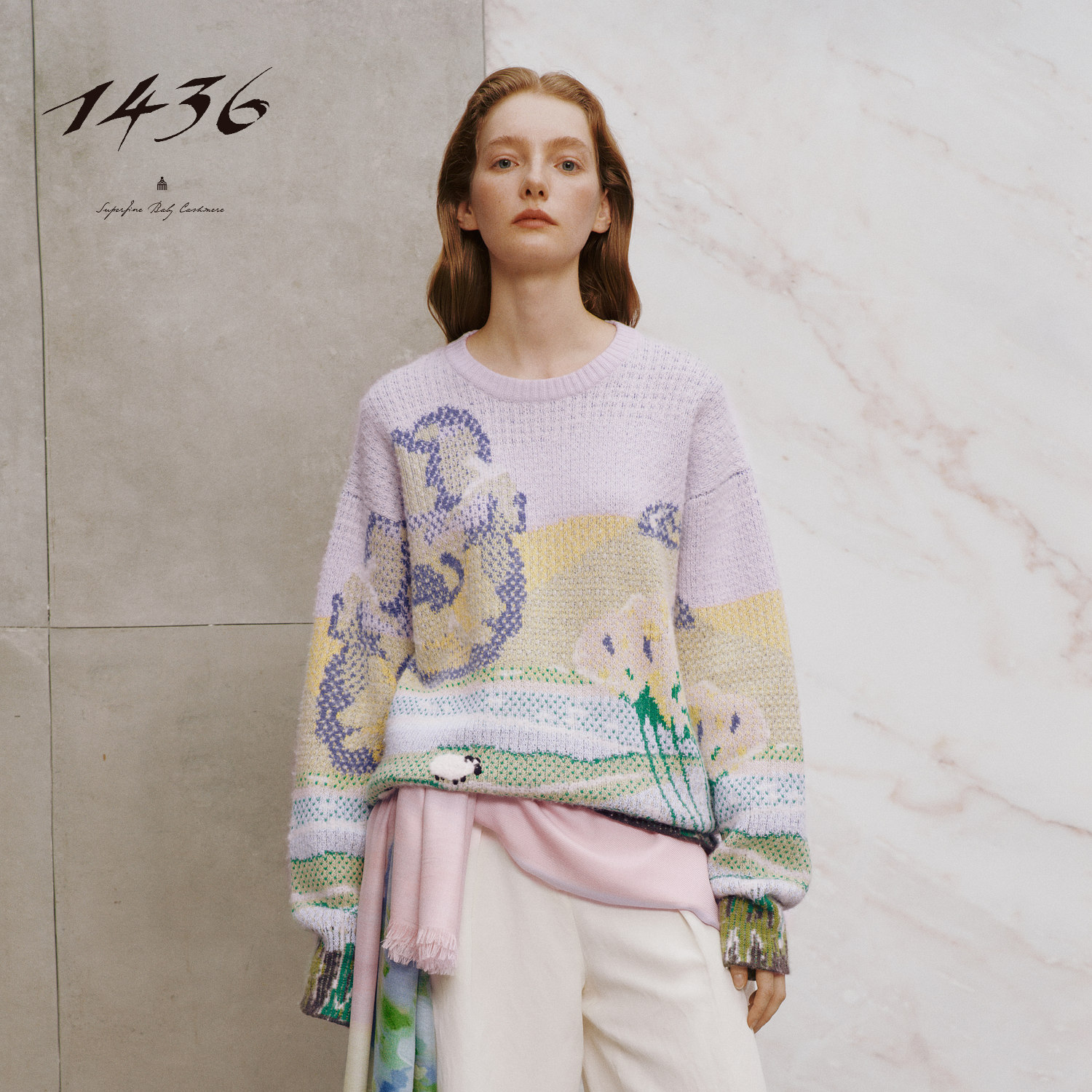 1436羊绒提花圆领草原风景图