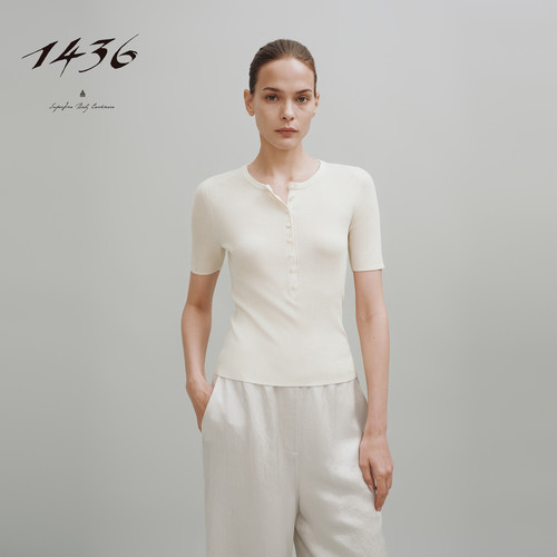 1436桑蚕丝2025夏季新品精纺亨利领抽条短袖女士套衫