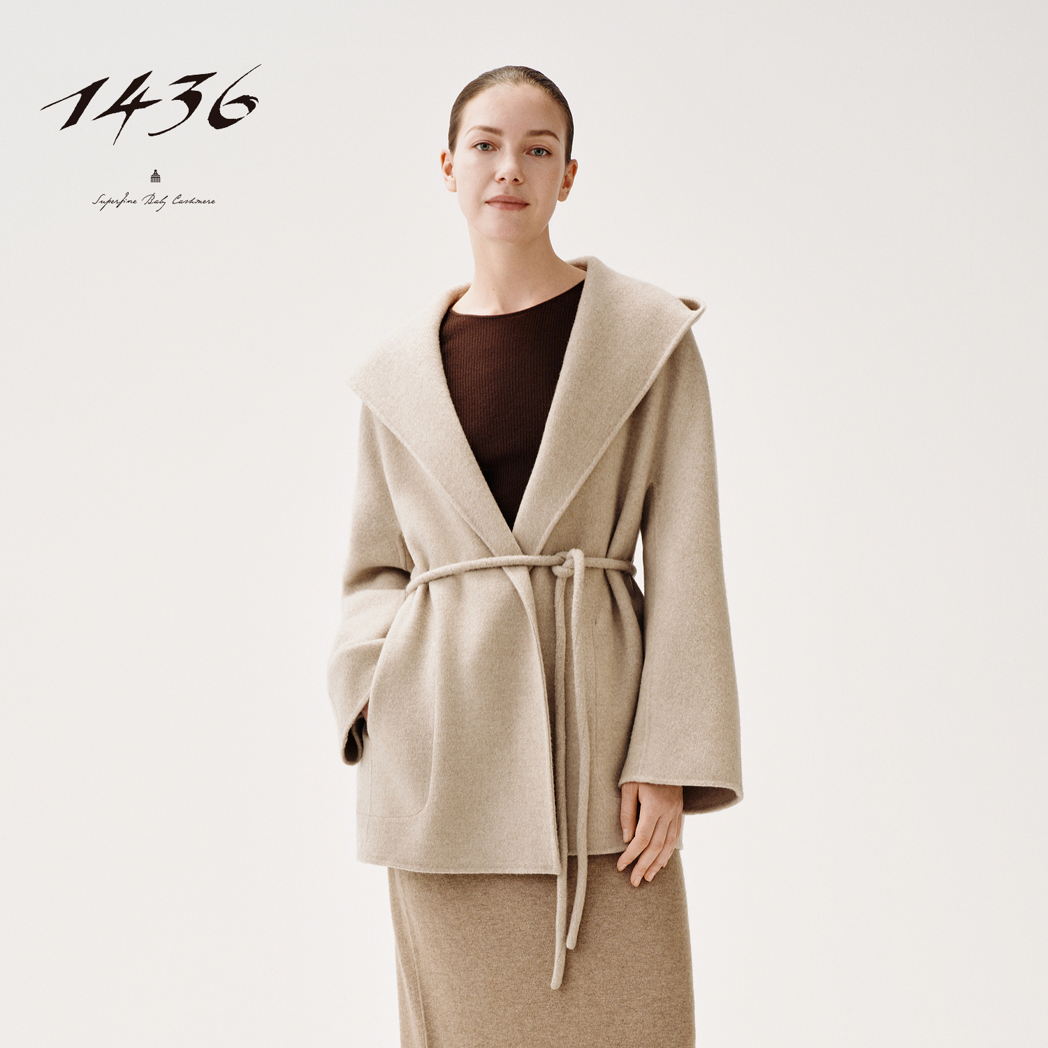 1436无染藏墨系列2025年秋冬女士连帽双层蓬松呢羊绒大衣短外套