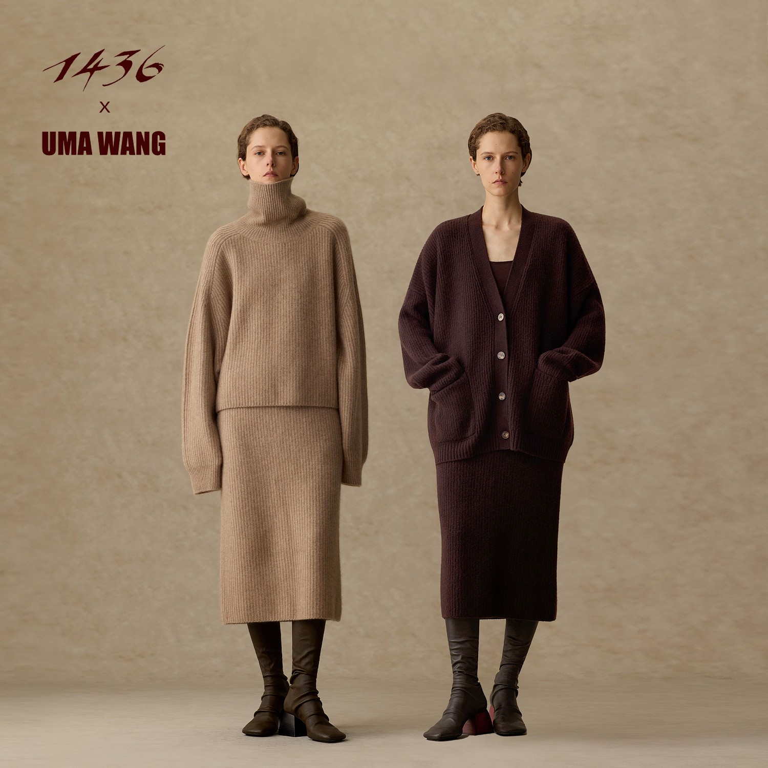 1436 X UMA WANG联名系列2025圆领双畦缩绒女士羊绒开衫羊绒套衫