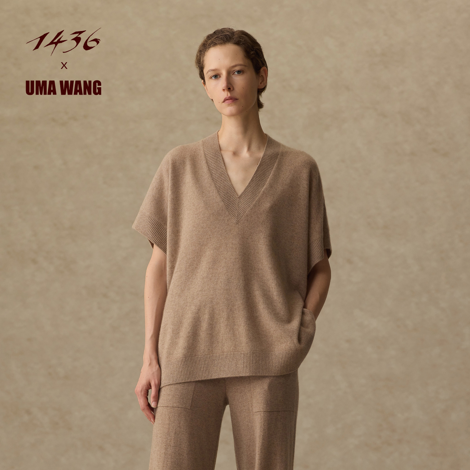 1436X UMA WANG联名系列2025年秋冬新品V领短袖女士羊绒衫
